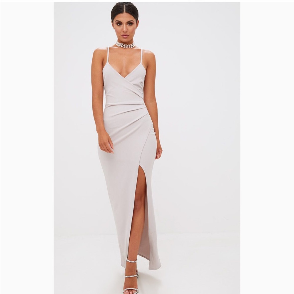 Ice Grey Wrap Front Crepe Maxi Dress